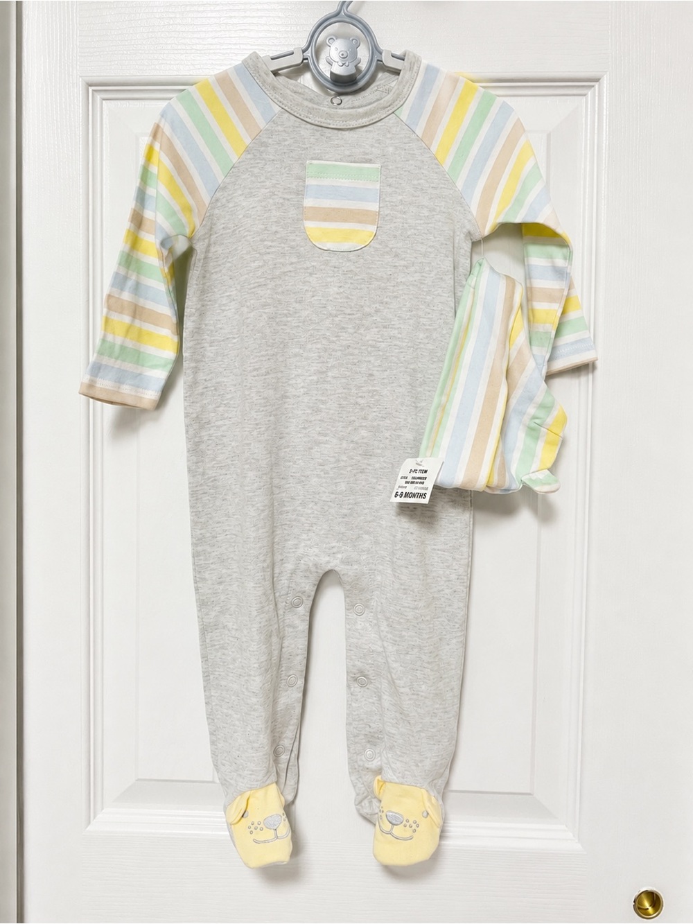 NWT First Impressions 2pc Footie & Hat Set 6-9 Months Pastel Stripe Gray